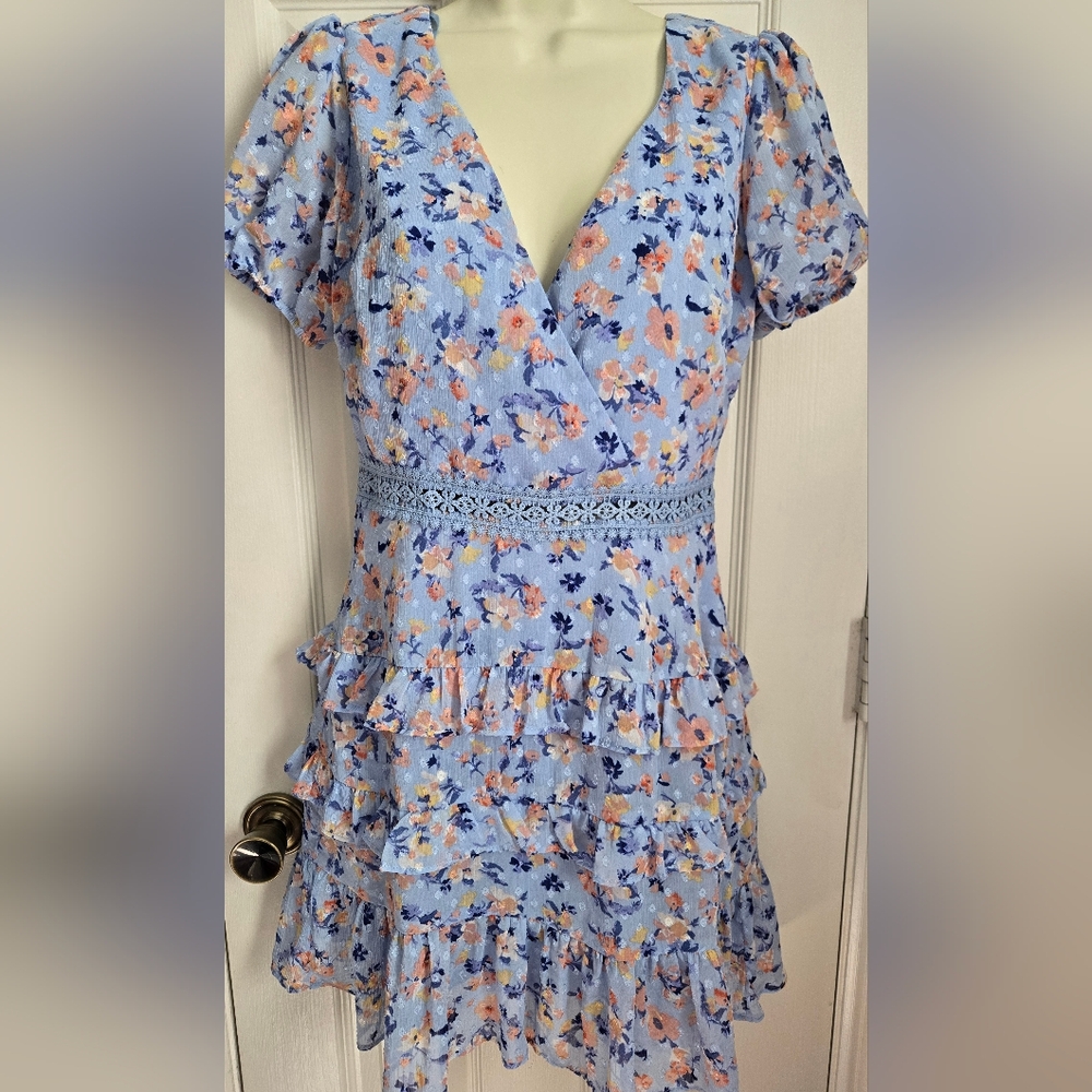 City Studio Womens Floral Ruffle Dress in Blue Size 5